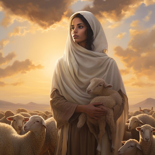 A woman holds a lamb in front of a sunset.