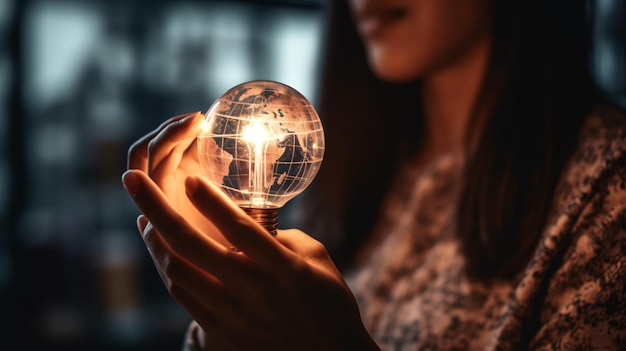 A woman holds a light bulb with the globe on it.