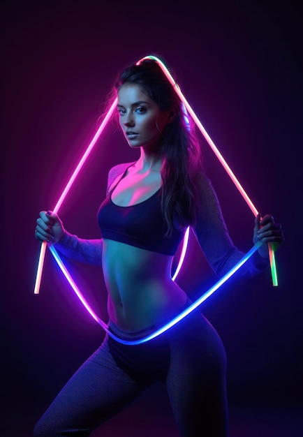 A woman holds a neon sign in her hands.