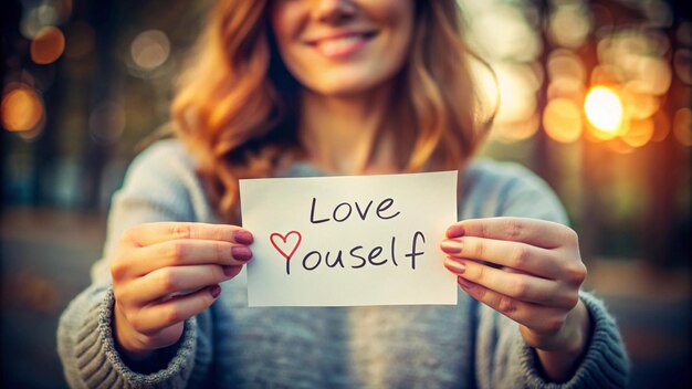 Photo a woman holds a paper that says love yourself in the middle