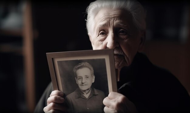 A woman holds a picture of her face in front of her face.