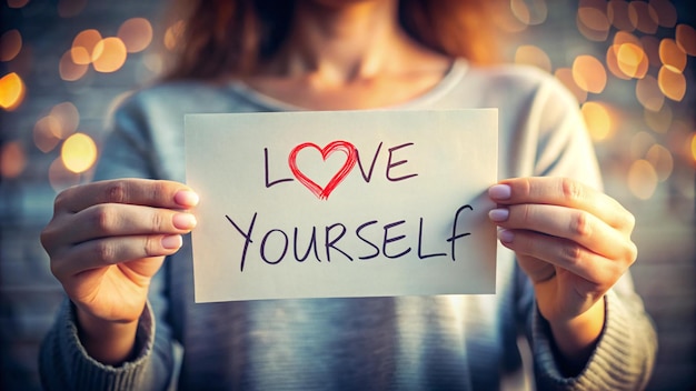 Photo a woman holds a piece of paper that says love yourself