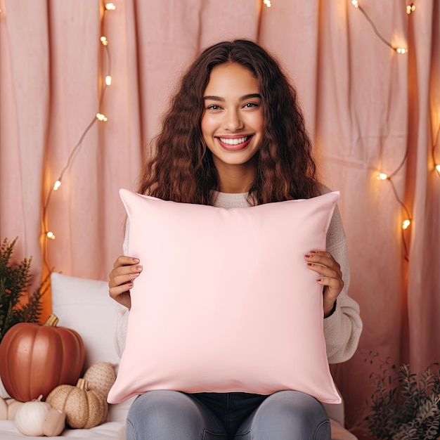 a woman holds a pink pillow that says  happy holidays