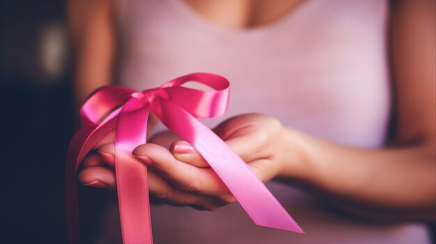 a woman holds a pink ribbon that says " the word " on it.