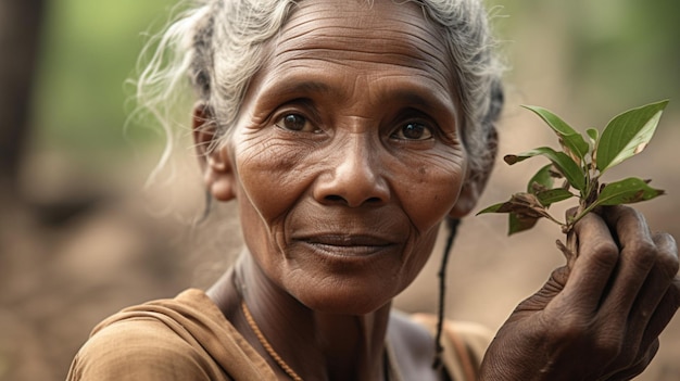 A woman holds a plant in her hand.