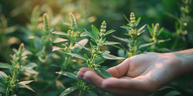 a woman holds a plant with the word  on it