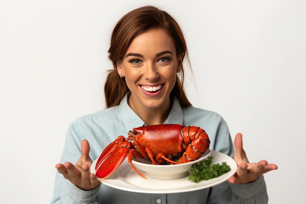 a woman holds a plate of lobster and a bowl of vegetables