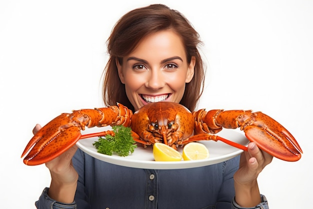 Foto una donna tiene un piatto di aragoste e limoni