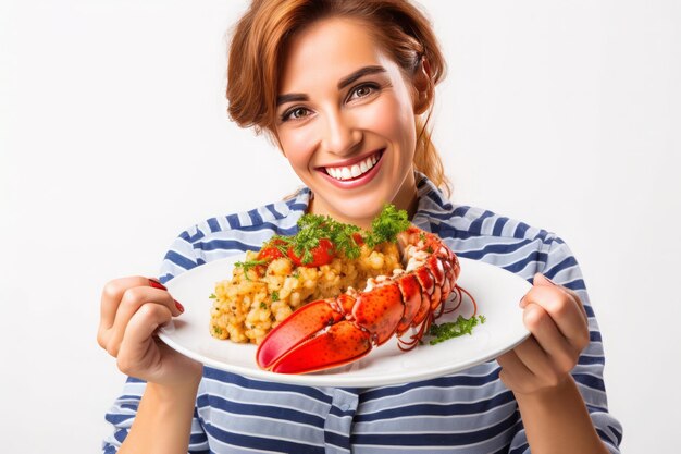 女性がロブスターの皿と食べ物の皿を握っている