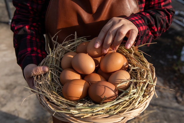 A woman holds a rattan basket with fresh eggs.