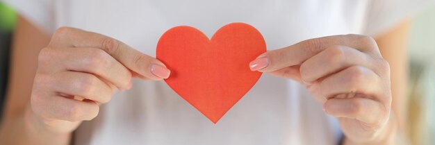 여자 는 종이 에 빨간 심장 을 그려 놓은 발렌타인 데이 와 사랑 의 클로즈업 을 들고 있다