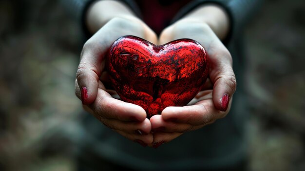 A woman holds a red heart in her hands The heart is made of glass and is slightly transparent