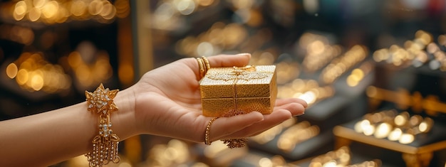 a woman holds a small gift in her hand