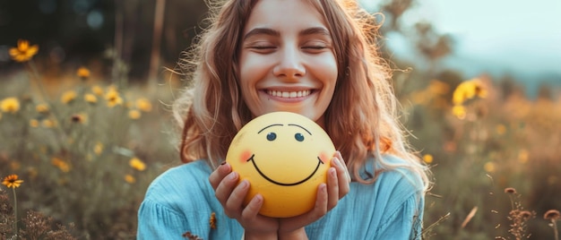 Foto una donna tiene una sfera sorridente che promuove la positività e la consapevolezza della salute mentale