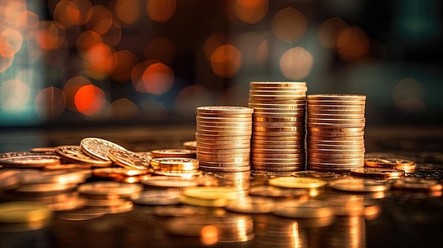 a woman holds a stack of coins with the word money on it.