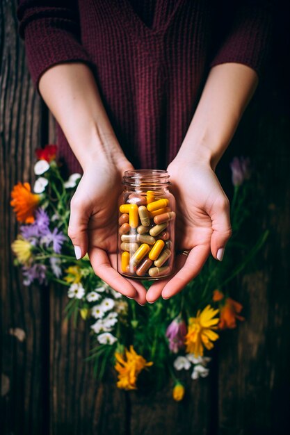 Photo a woman holds supplements in her hands with herbs and flowers generative ai nature