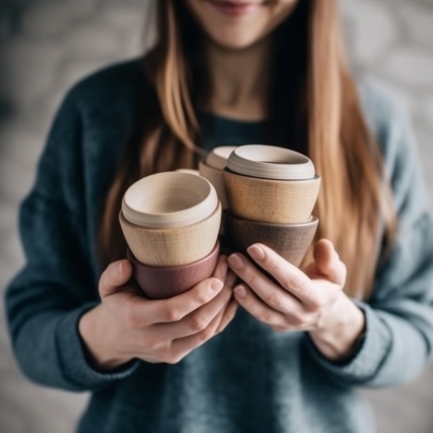 Photo a woman holds two cups in her hands.