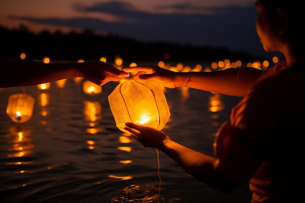 A woman holds up a lantern that says'the word lantern'on it