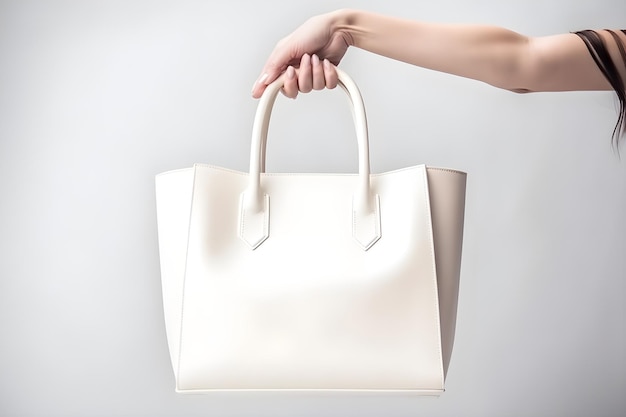 A woman holds a white bag with the logo on it.