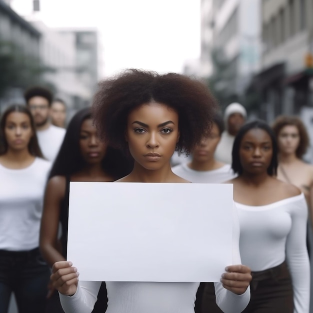 A woman holds a white sign in front of her face.