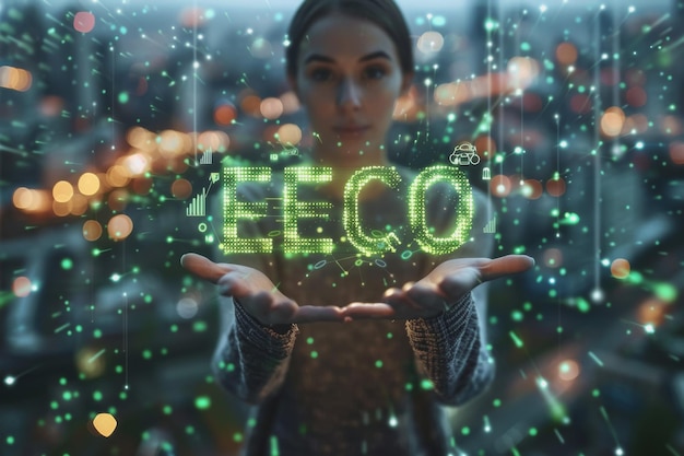 A woman holds the word ECO surrounded by data and technological green eco elements
