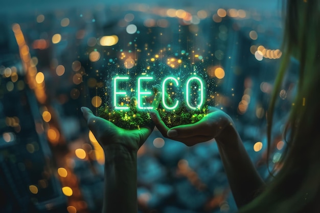 A woman holds the word ECO surrounded by data and technological green eco elements