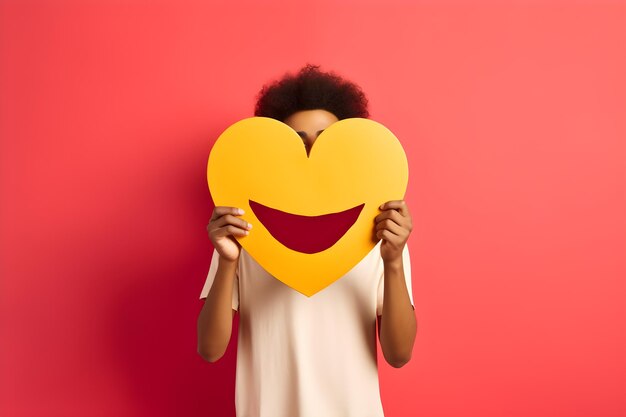 A woman holds a yellow heart in front of her face.