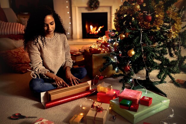 Woman at home at Christmas time