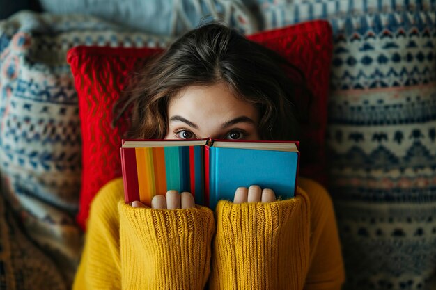 Foto donna a casa che si copre la faccia con un libro e si diverte