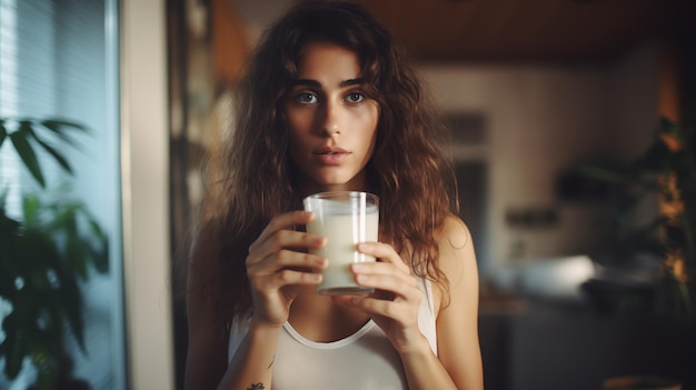 Woman at home holding a glass of milk