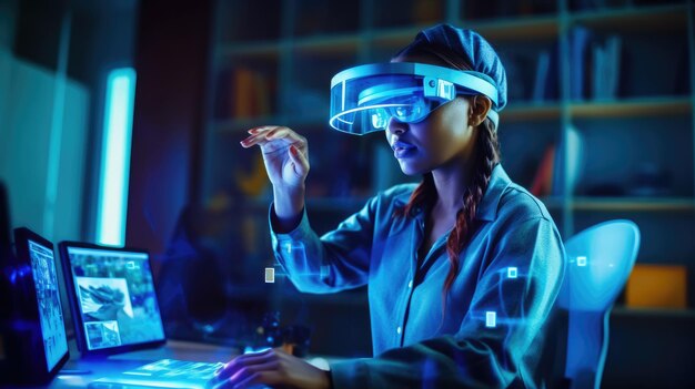 Женщина дома работает в очках виртуальной реальности