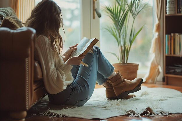 Photo woman at home sitting in jeans and reading a book