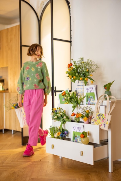 春の花がたくさんある自宅の女性