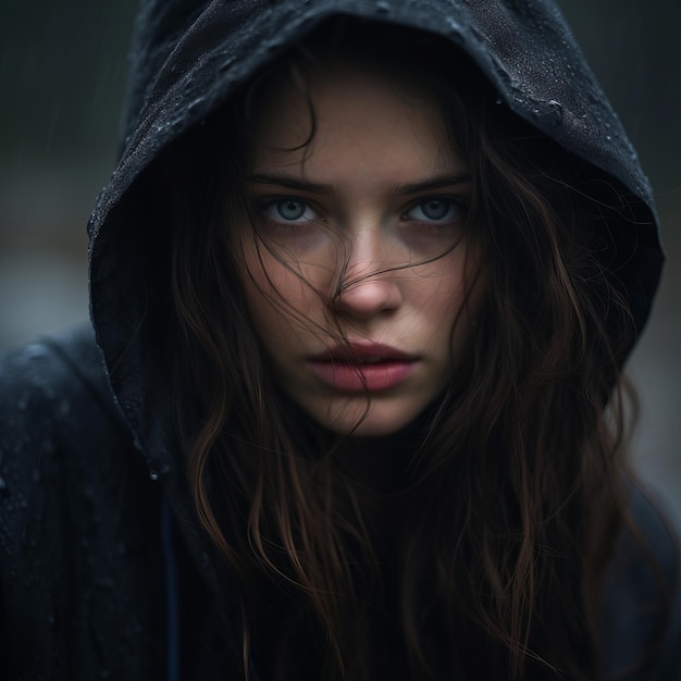 a woman in a hooded jacket looking into the camera