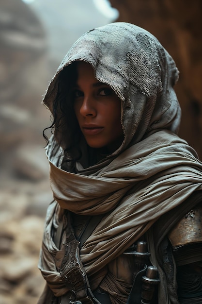 woman hooded jacket scarf standing rocky area talented tomb dressed scavenger heavily black arab
