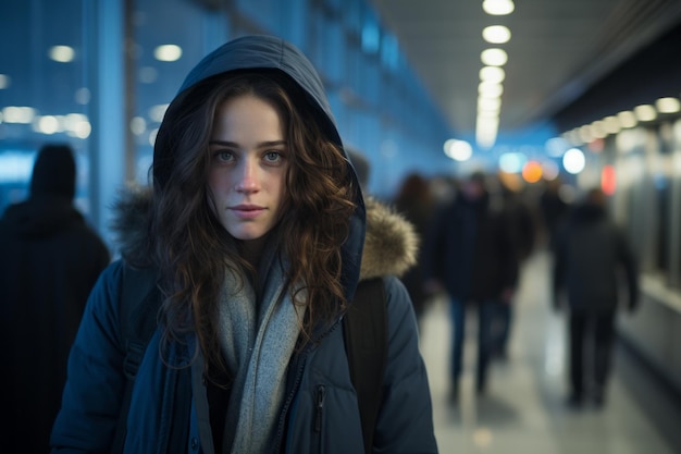 a woman in a hooded jacket standing in an airport