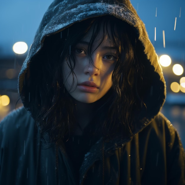 a woman in a hooded jacket standing in the rain