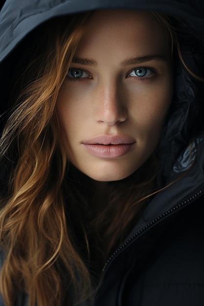 a woman in a hooded jacket with blue eyes