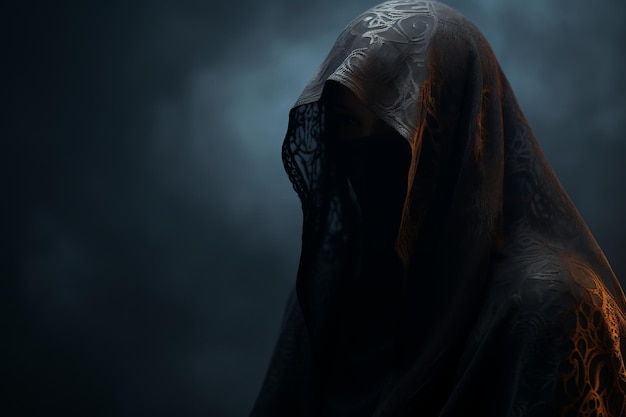женщина в халате с капюшоном, стоящая на темном фоне