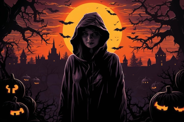 a woman in a hooded robe standing in front of pumpkins