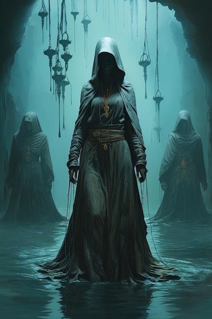 a woman in a hooded robe standing in water with lamps