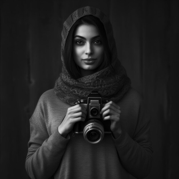 Photo a woman in a hoodie holding a camera