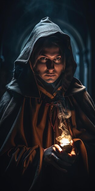 Photo a woman in a hoodie holds a lantern with a candle in it