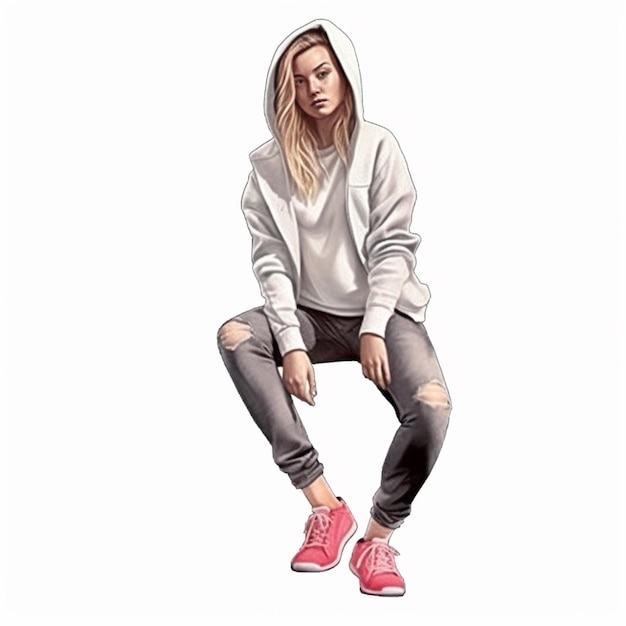 A woman in a hoodie and ripped jeans sitting on a skateboard generative ai