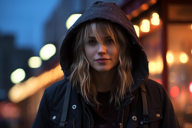 a woman in a hoodie standing outside at night