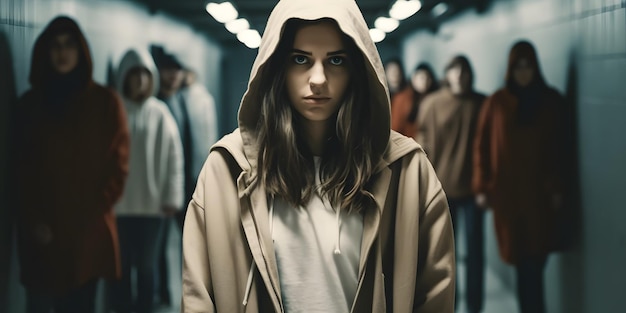 A woman in a hoodie stands in a dark tunnel with a crowd of people behind her.