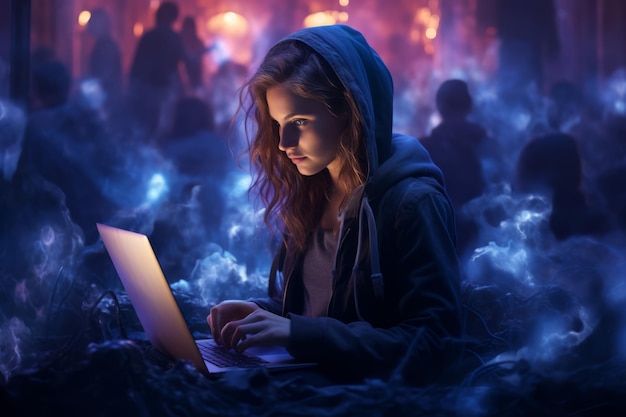 Foto una donna con il cappuccio che usa un laptop