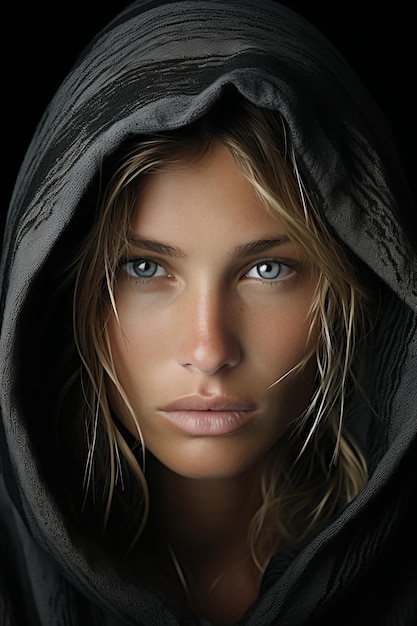 a woman in a hoodie with blue eyes