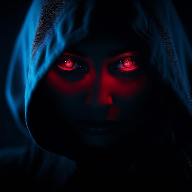 a woman in a hoodie with glowing red eyes