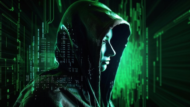 A woman in a hoodie with the word cybersecurity on the screen